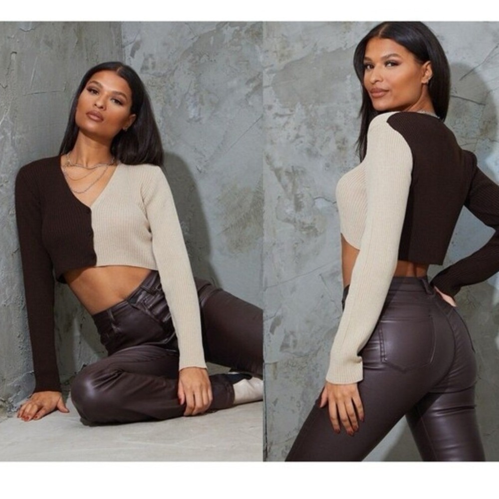 PrettyLittleThing Colorblock Cropped Cardigan Women S Brown Tan Ribbed Knit NWT